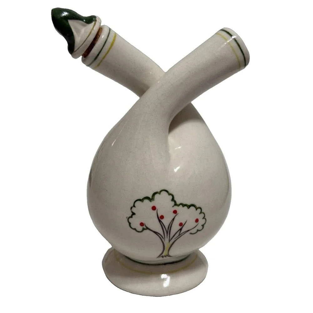 VTG Japan Double Oil & Vinegar Cruet Amish  Folk Art Ceramic Bottle 1 Stopper